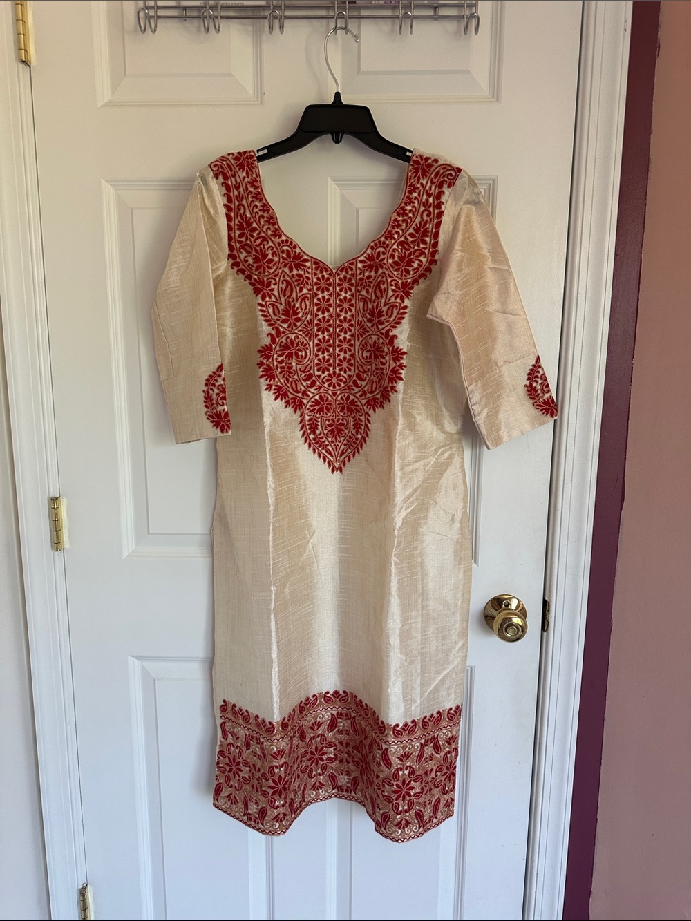 Cream Kurta with Red Embroidered Detail  - Women's Dress
